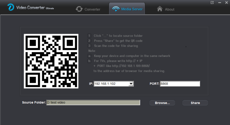 Media Server в Dimo Video Converter Ultimate с IP, портом и QR-кодом