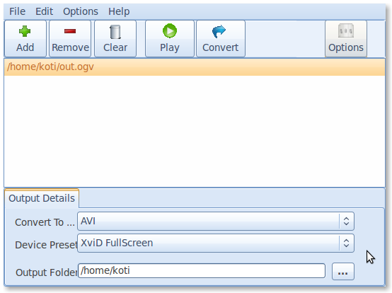 Компактное окно WinFF в Linux с кнопками Add, Remove, Clear, Play, Convert и выбором AVI-пресета