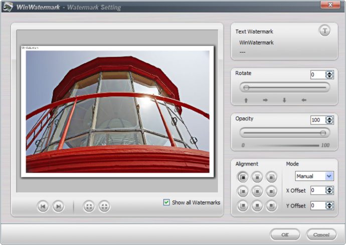 Окно Watermark Setting в WinWatermark с параметрами Rotate, Opacity и Alignment