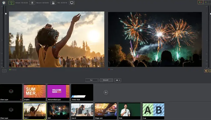 Интерфейс Wirecast с областями Preview и Live, переходами и рядами shots