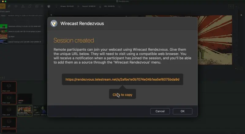 Окно Wirecast Rendezvous с созданной ссылкой для удалённого гостя