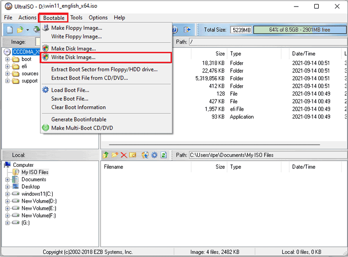 Меню Bootable в UltraISO с командой Write Disk Image