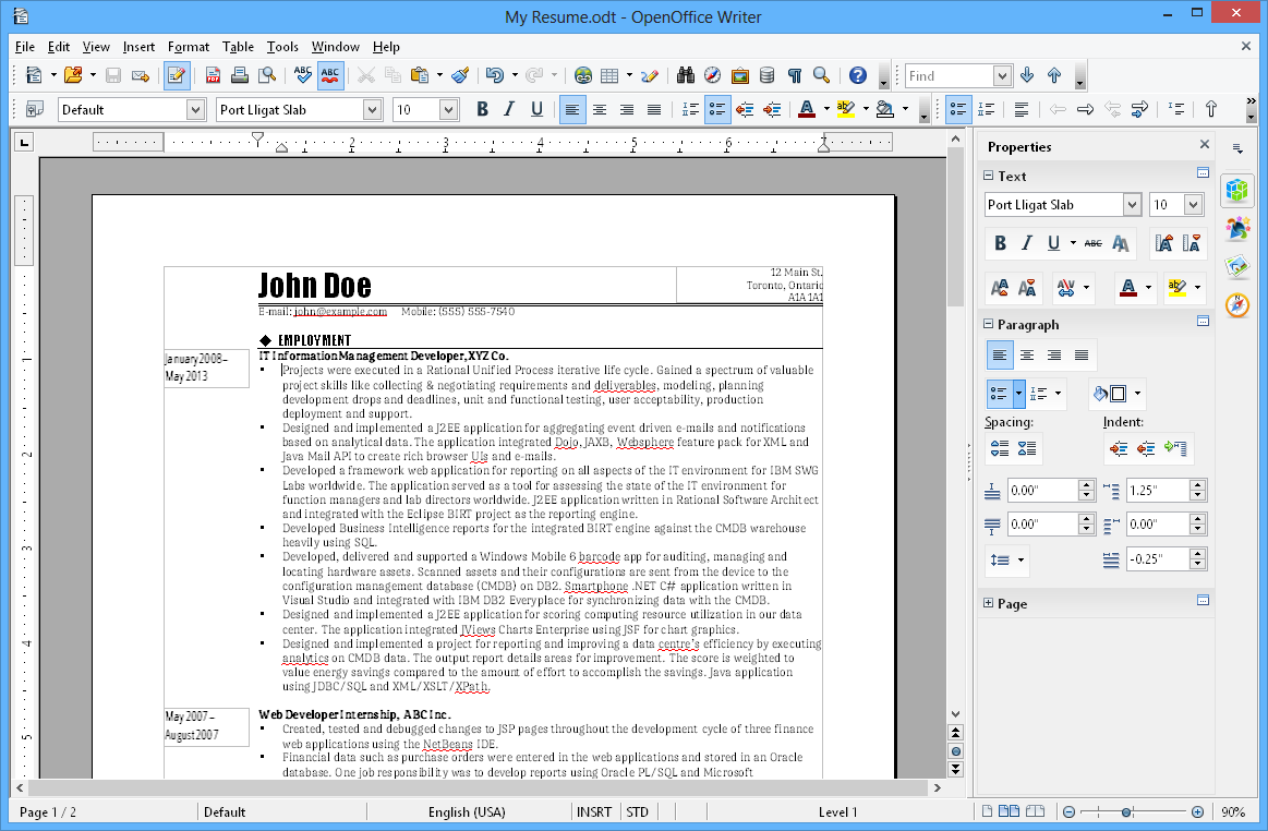 Рабочее окно Apache OpenOffice Writer с документом и боковой панелью свойств