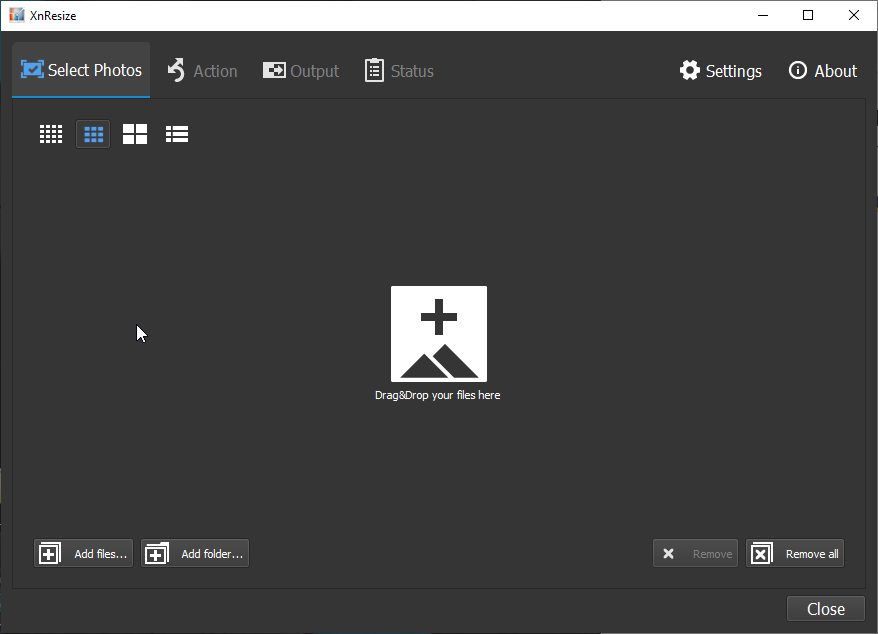 Стартовое окно XnResize с вкладками Select Photos, Action, Output и Status