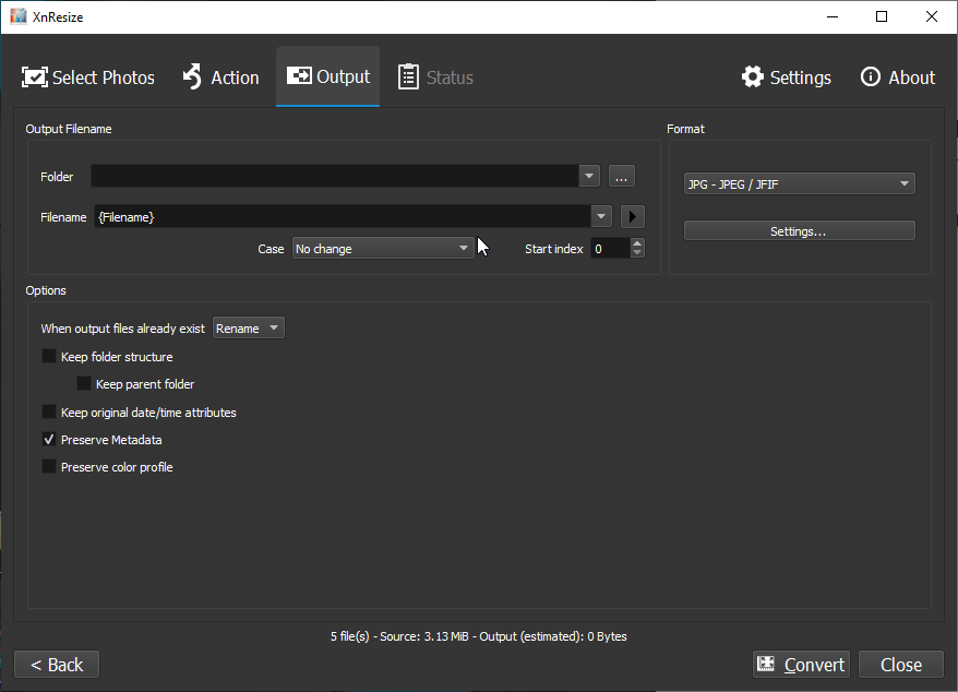Вкладка Output XnResize с папкой назначения, именем, форматом JPEG и параметрами сохранения