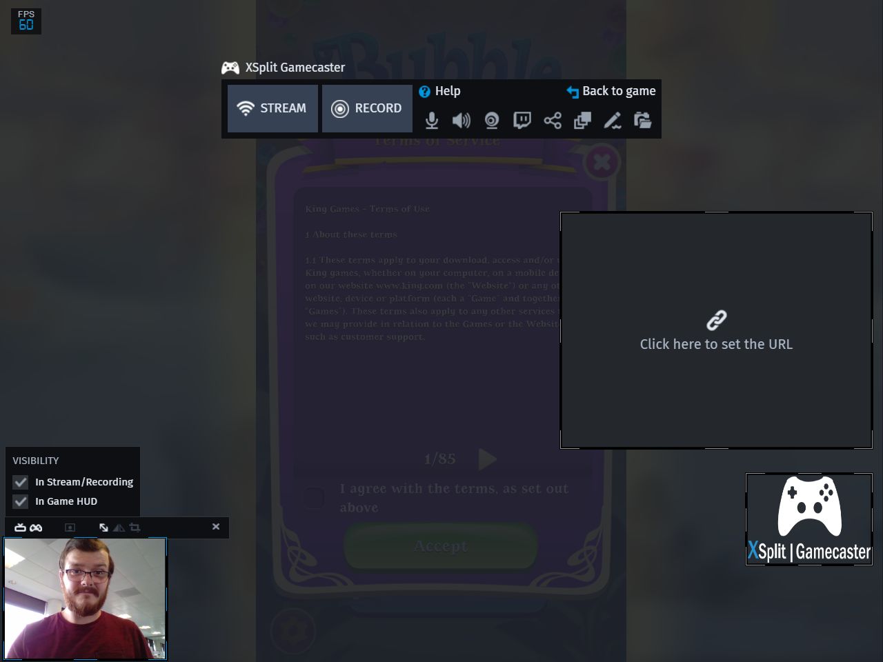 Внутриигровой оверлей XSplit Gamecaster с кнопками Stream и Record, элементами управления звуком и камерой
