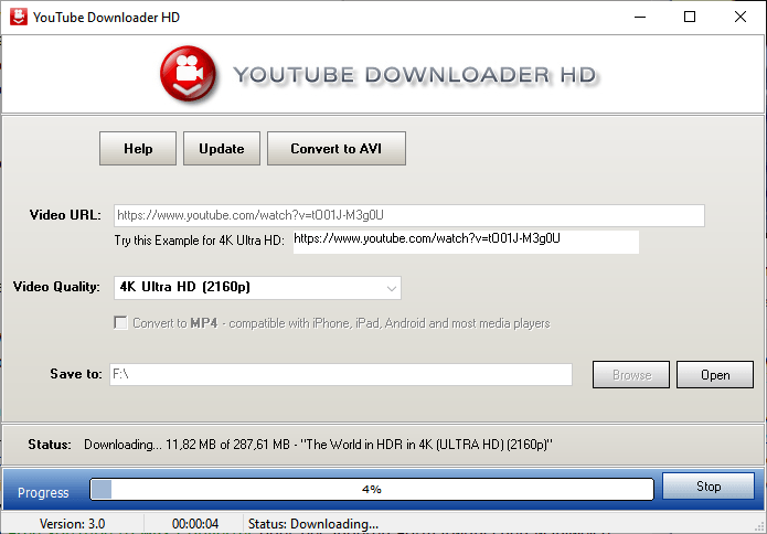 Youtube Downloader HD версии 3.0 во время загрузки 4K видео
