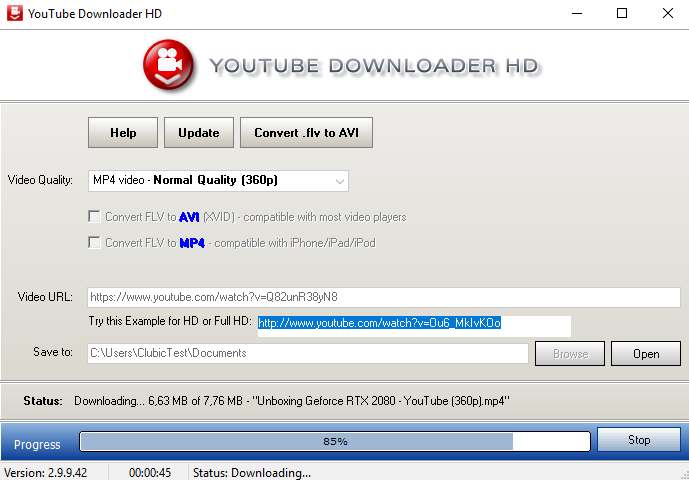 Ранний интерфейс Youtube Downloader HD с прогрессом скачивания