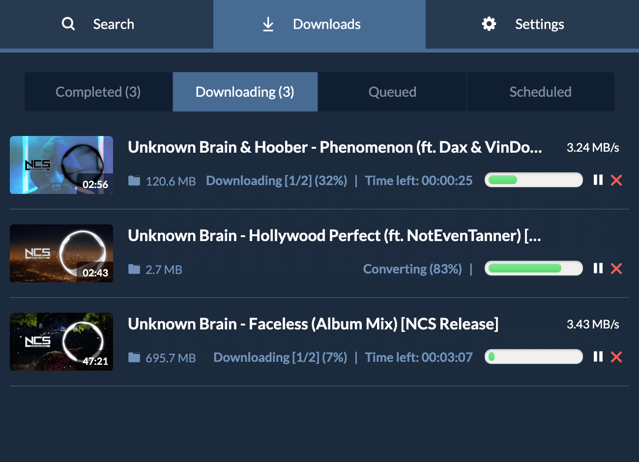 Менеджер активных загрузок SnapDownloader с прогрессом и скоростью