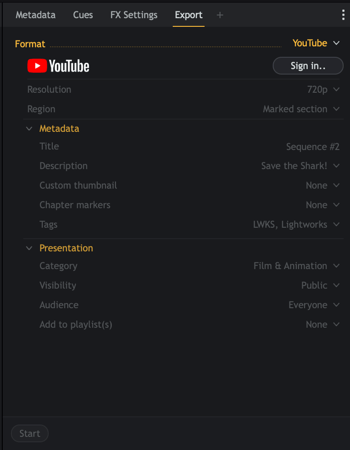 Панель экспорта Lightworks для YouTube с выбором размера, диапазона, названия и видимости видео