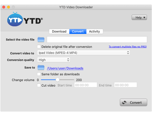 Вкладка Convert YTD Video Downloader для выбора локального видео и формата конвертации
