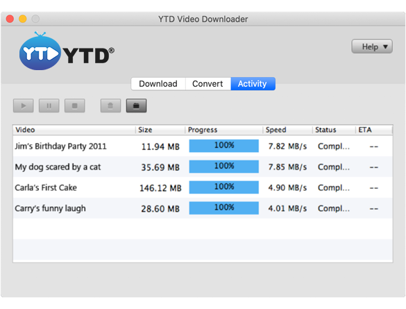 Вкладка Activity YTD Video Downloader со списком загрузок, прогрессом, скоростью и статусом
