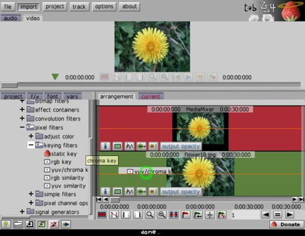Дерево эффектов ZS4 Video Editor с YUV chroma key и результатом удаления фона