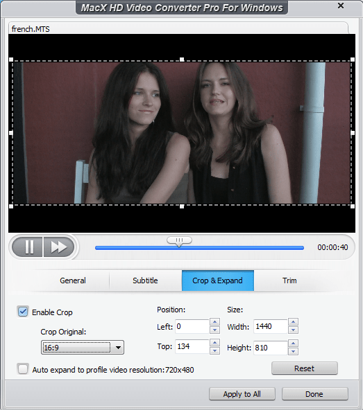 Окно кадрирования и редактирования MacX HD Video Converter Pro