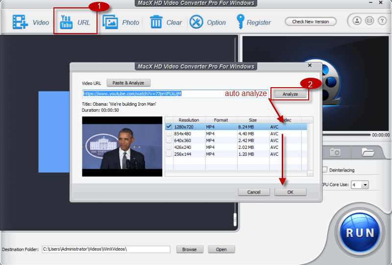 Окно анализа сетевого видео по URL в MacX HD Video Converter Pro